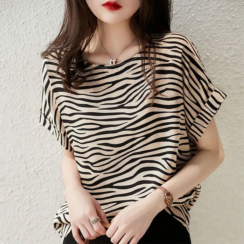 Women\'s Striped Short Sleeve T-Shirt, Elegant Loose Tops, Casual, Simplicity, Office Lady, Fashion Clothes, Summer, New