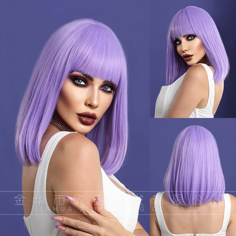 14inch New cross-border with purple bangs, custom-made short hair wig