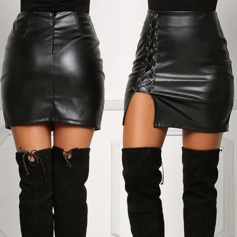 Herbst Sexy Mädchen Über Knie Schwarz PU Leder Mini Röcke Frühling Frauen Hohe Taille Bodycon Vorne Split Elegante Kurze Rock DS334