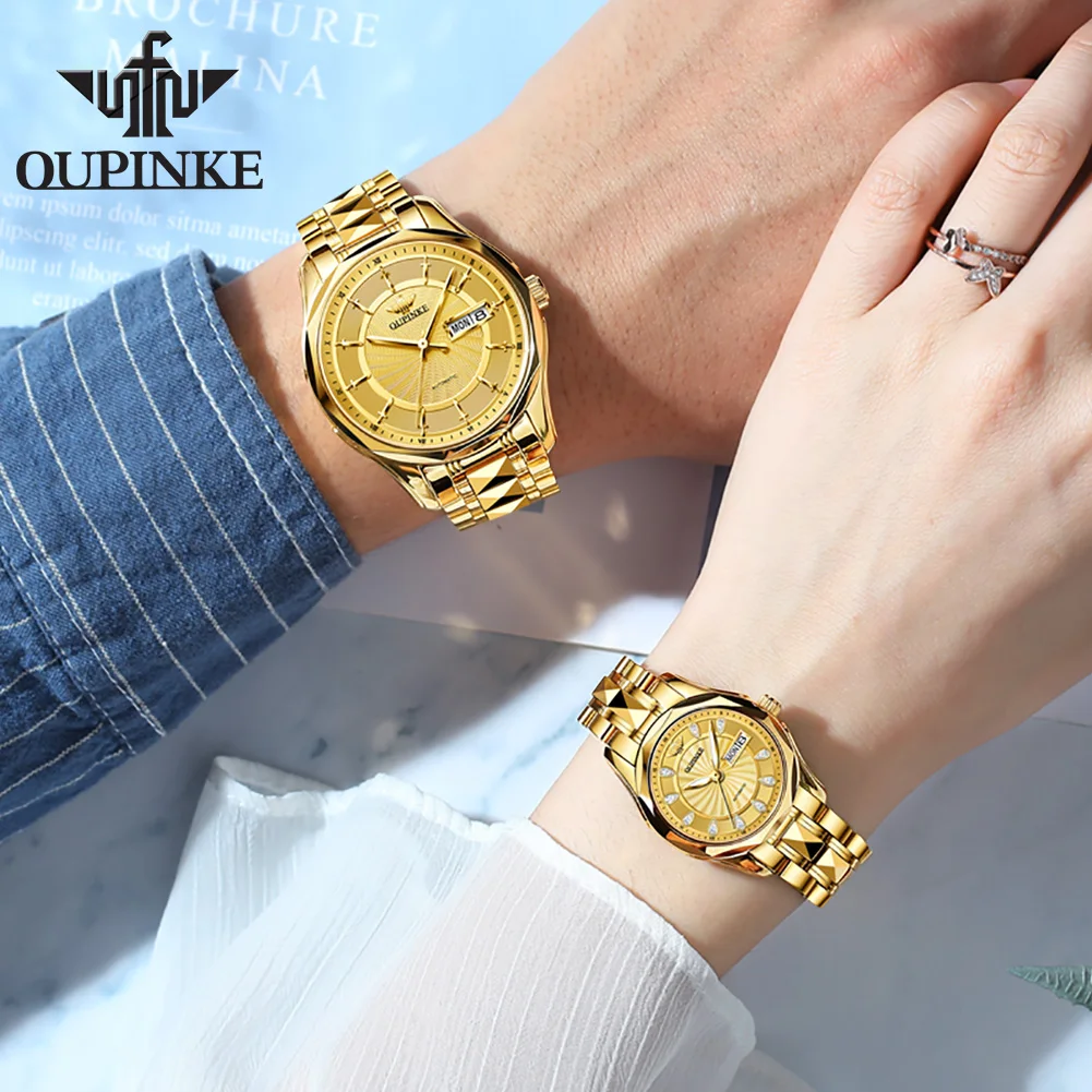 OUPINKE 3172 Gold Watch Men Women High-end Japan Imported Movements Dual Calendar Display Tungsten steel Lover Hand Clock Set