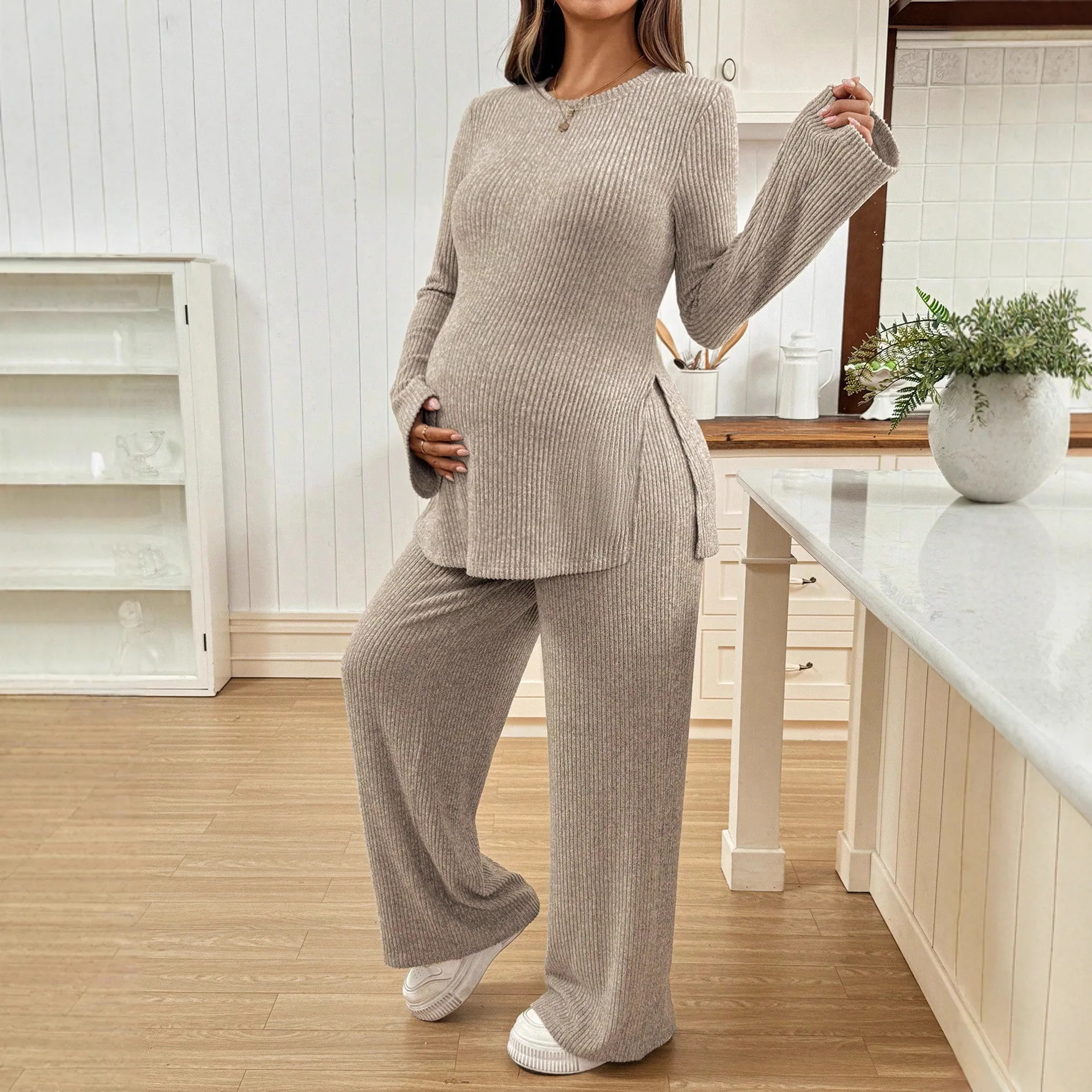 الخريف الأوروبية الأمريكية الأمومة 2 قطعة مجموعة سترة أعلى متوهج الأكمام و الجانب الشق زائد قابل للتعديل الخصر متماسكة السراويل الحمل #3