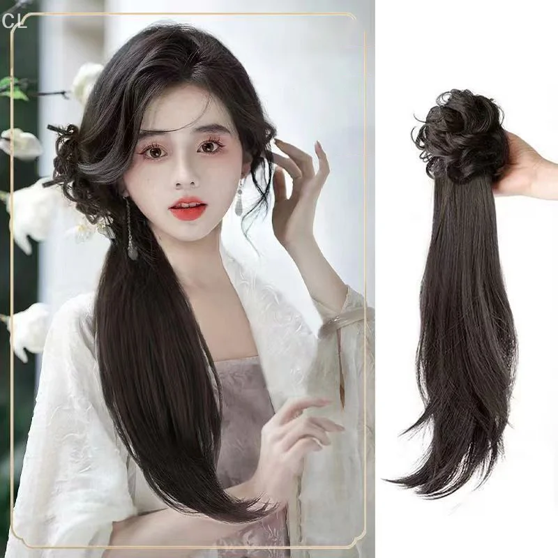 

New Chinese Ancient Style Wig Braid Retro Low Ponytail Long Hair Weaving Simulation Ponytail Hanfu Headwear Wig Hair Accessories