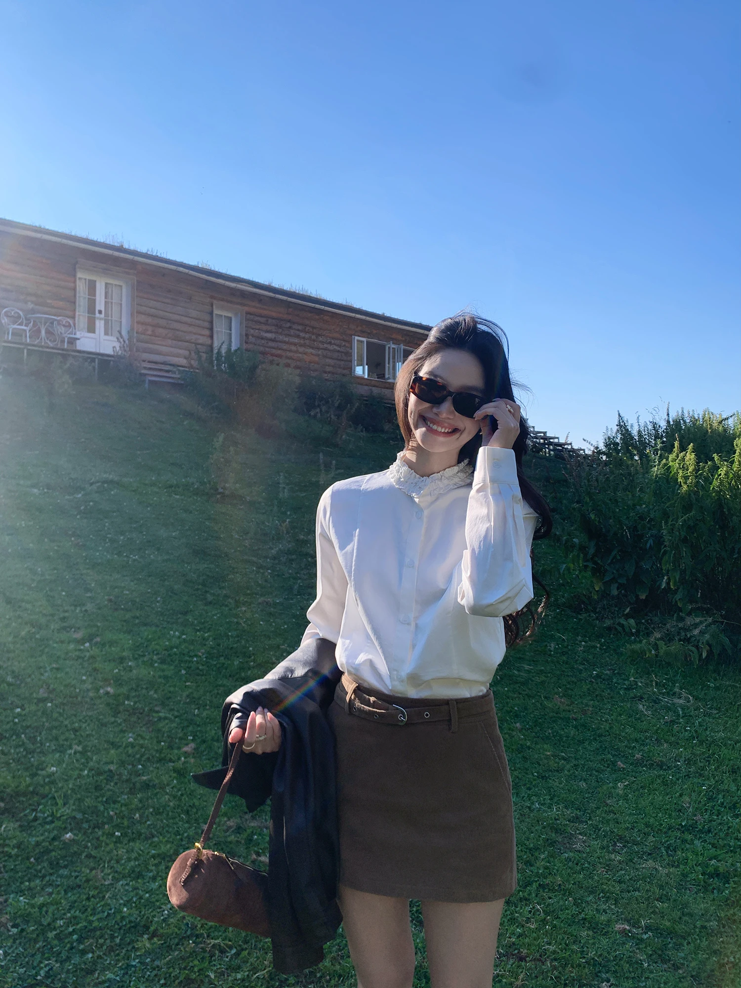 Pusumede Grey Garden Long Sleeve Casual Shirt Women's Simple Style Commute Cotton Shirt with Wood Grain 