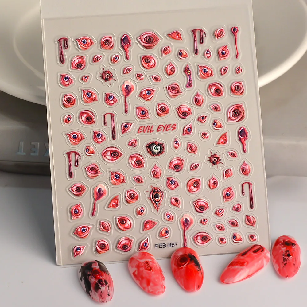 ملصق أظافر 5D بعيون شريرة ، شرير دموي ، منزلق هالوين للأظافر ، تصميم لاصق ، ديكورات فنية ، #2