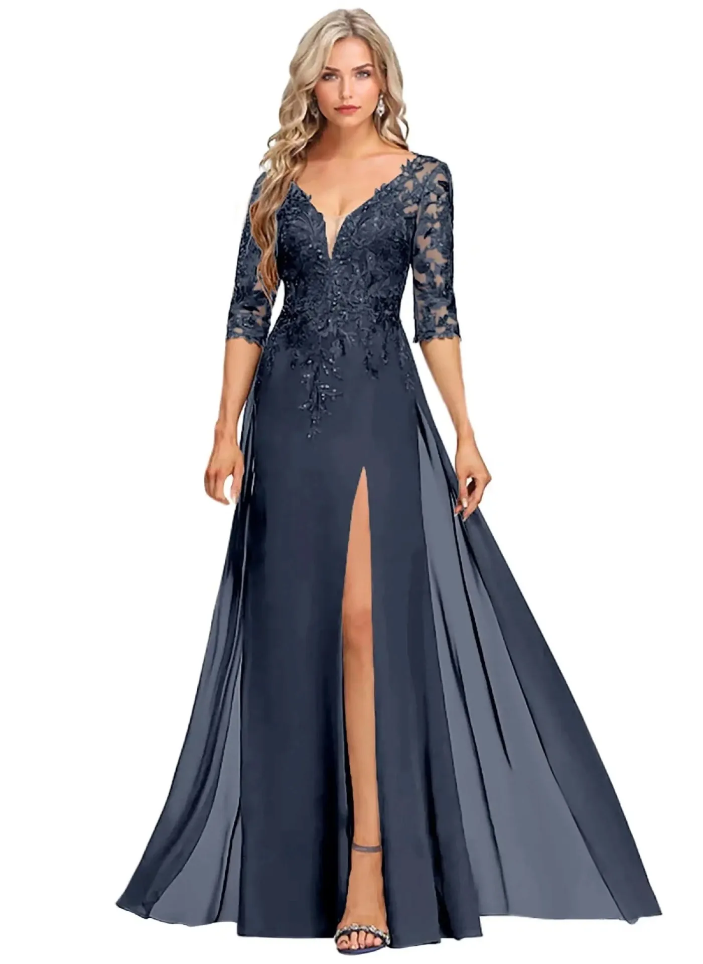 V-Ausschnitt 3/4-Ärmel Spitzenapplikation Pailletten Abendkleid Hoher Schlitz Chiffon Meerjungfrau-Schleppe Formelles Ballkleid Hochzeitsfeier-Kleider – Detail 8