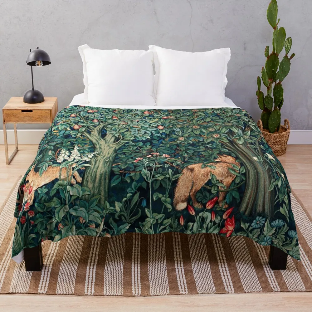 

GREENERY, FOREST ANIMALS Fox and Hares Blue Green Floral Tapestry Throw Blanket Summer warm winter Luxury Brand Blankets