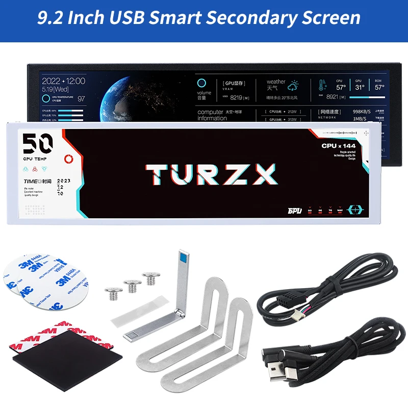 TURZX 9.2 Inch USB Secondary Screen Type-C 1920*462 IPS Smart Screen For Computer CPU GPU RAM HDD Weather Display No AIDA64