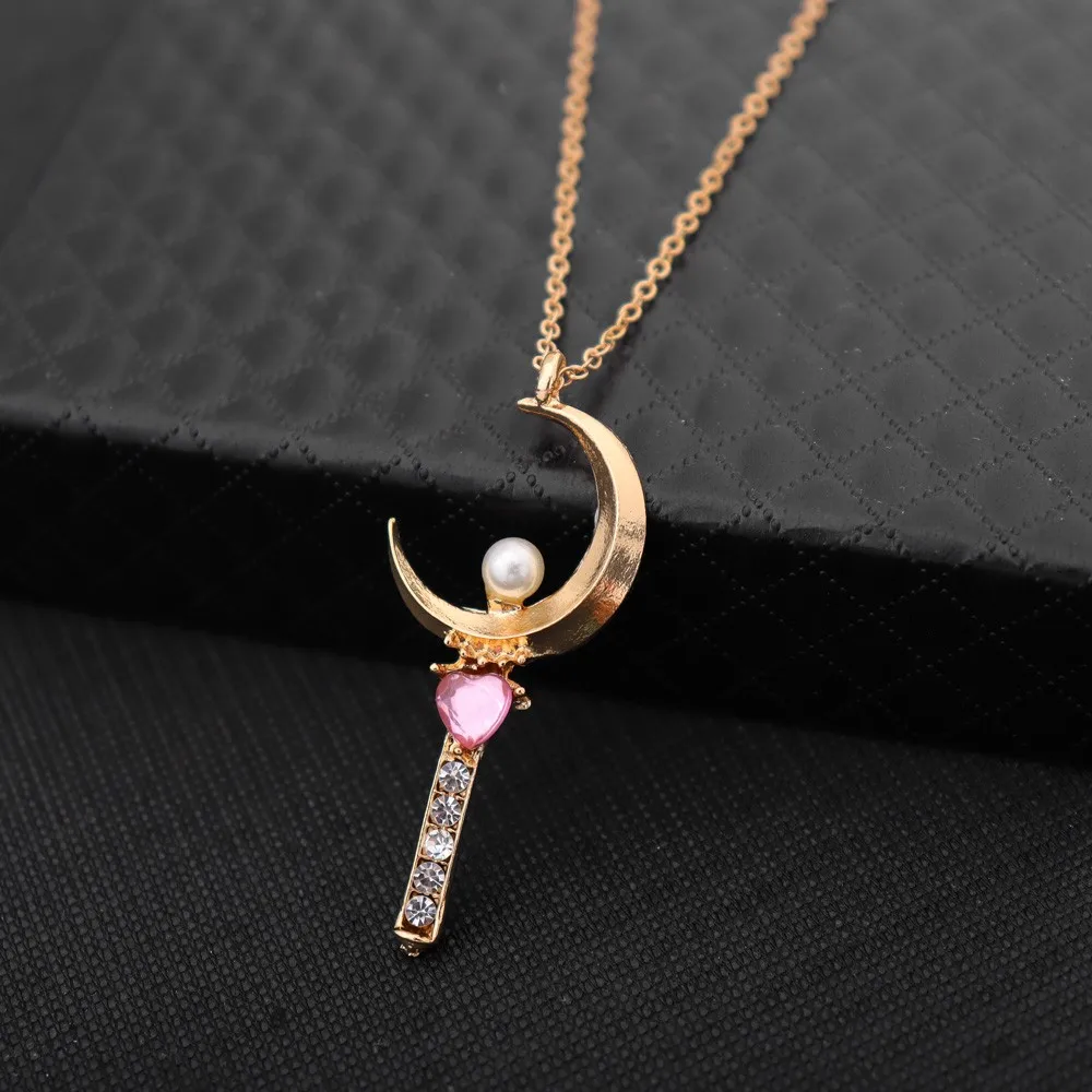 Japanese Anime Sailor Moon Loving Magic Wand Crystal Cosplay Pendant Necklace Girl Accessories Cute Cosplay Props Necklace