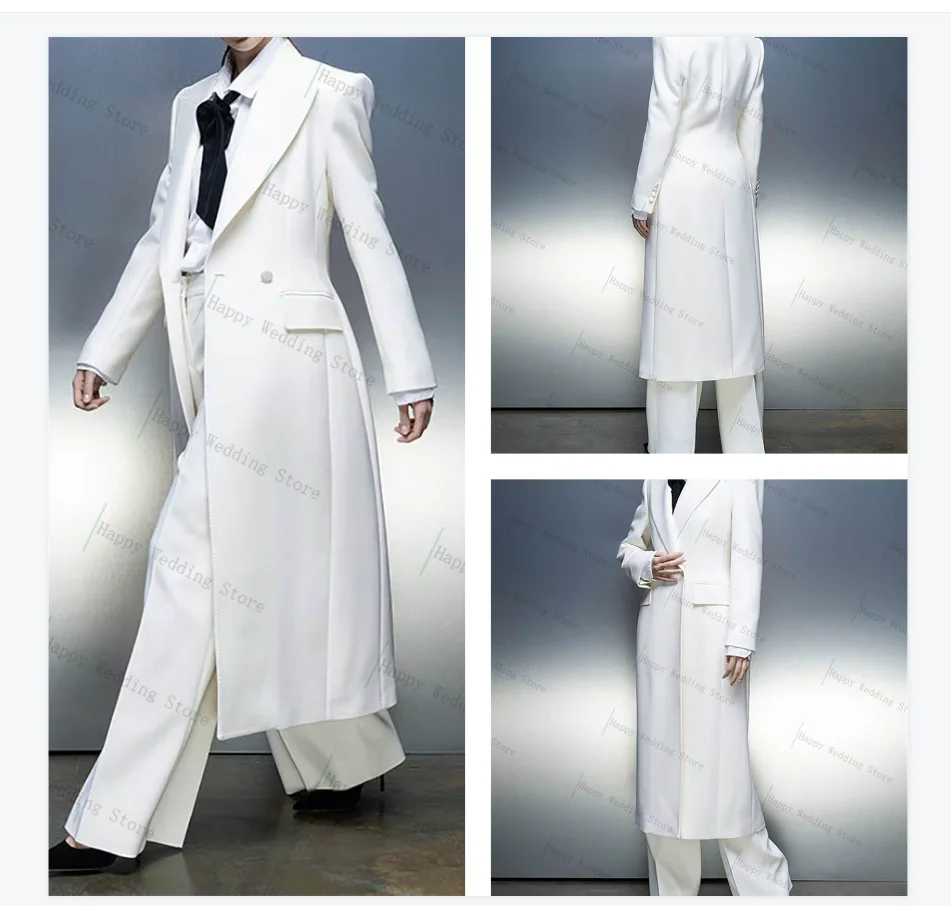 

Long White Women Suit Pants Set 2 Piece Blazer+Trousers Autumn Spring Formal Office Lady Jacket Customized Wedding Tuxedos Coat