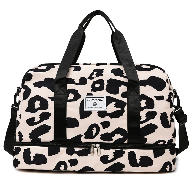 Trendy Zebra Print Waterproof Duffel Detachable Strap Shoe Pocket Gym Bag for Women Short Overnight Travel Weekend Sports Trip view 3