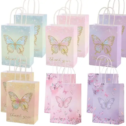 4-24pcs Butterfly Gift Bags Candy Gift Packaging Hand-Held Kraft Paper Bag Girl Butterfly Birthday Baby Shower Party Supplies