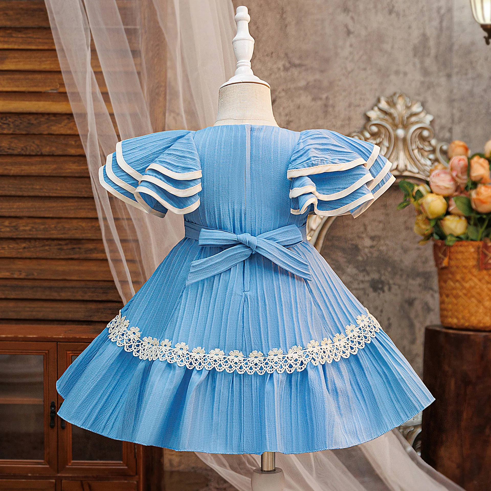 Baby Girls Flower Layered Sleeve Princess Dress For Infant Kids 1st Year Birthday Formal Evening Party Baptism Ceremony Vestidos