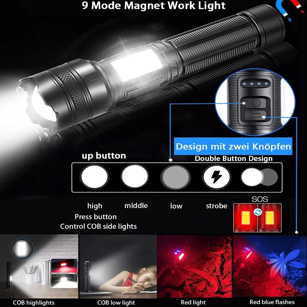 High Powerful LED Flashlight USB Rechargeable Tactical Torch COB Side Light Dual Button Lamp Waterproof Magnet Lantern Emergency