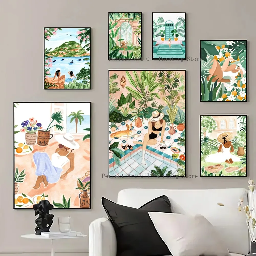 1pc Abstract Woman Monstera Scandinavian Poster Paper Print Home Living Room Bedroom Bar Restaurant Cafe Art Painting Decoration