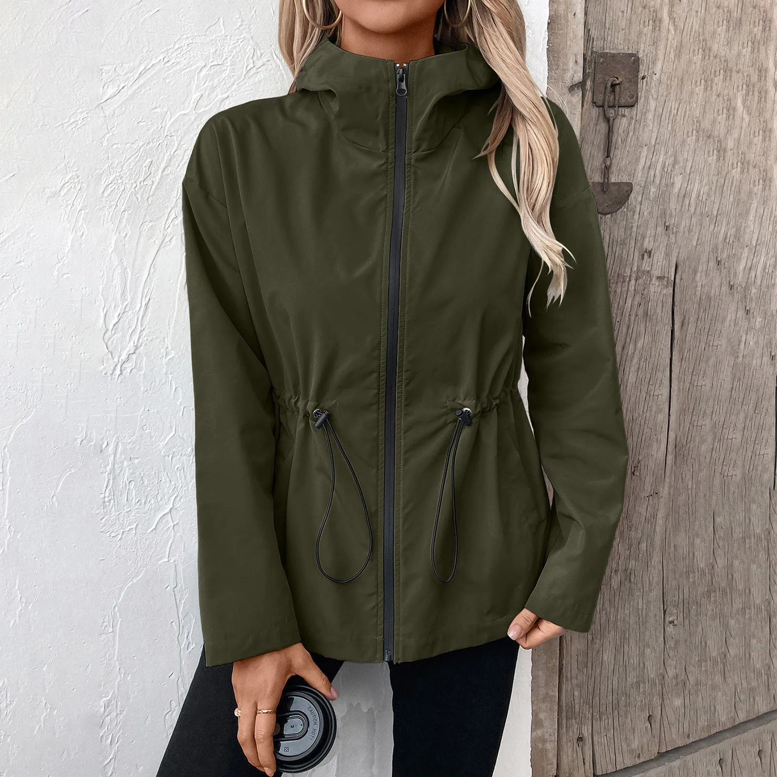 

2024 New Hooded Trench Coat Women Zipper Raincoat Outdoor Sports Windproof Jacket Loose Drawstring Solid Windbreaker Outerwear