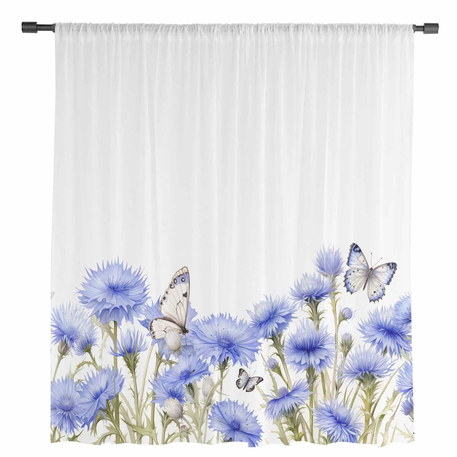 Country Spring Flowers Butterfly Tulle Curtains for Living Room Bedroom Modern Chiffon Sheer Voile Kitchen Window Curtain