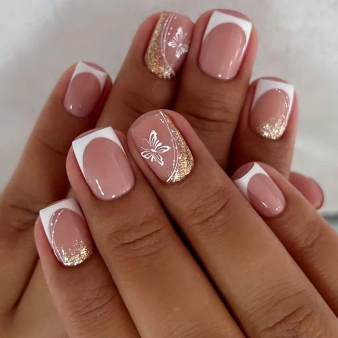 

French White Edge Butterfly Gold Glitter Powder Square False Nails Art Flower Ballet Fake Nails Press on Nails Tip Manicure Tool