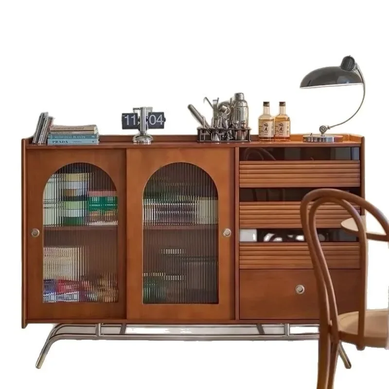 

Retro side of the meal, Nordic solid wood home, integrated storage side cabinet in the kitchen, tea in the living room