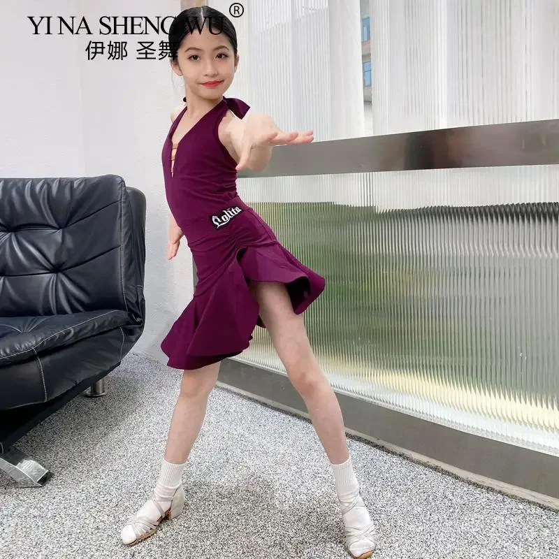 Vestito da ballo latino per ragazze Gonna arricciata con scollo all'americana viola senza maniche Bambini Salsa Rumba Cha Cha Costume da competizione per bambini