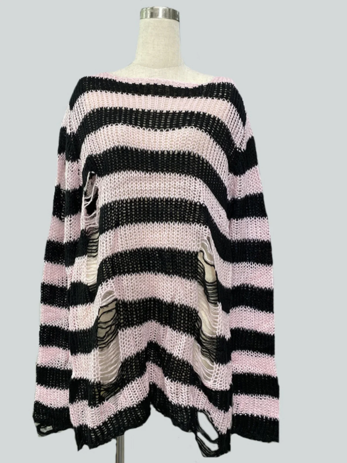 Casaco de Pele Longo Listrado para Mulheres, Estilo Solto, Design com Furos, Suéter de Comprimento Médio para Outono