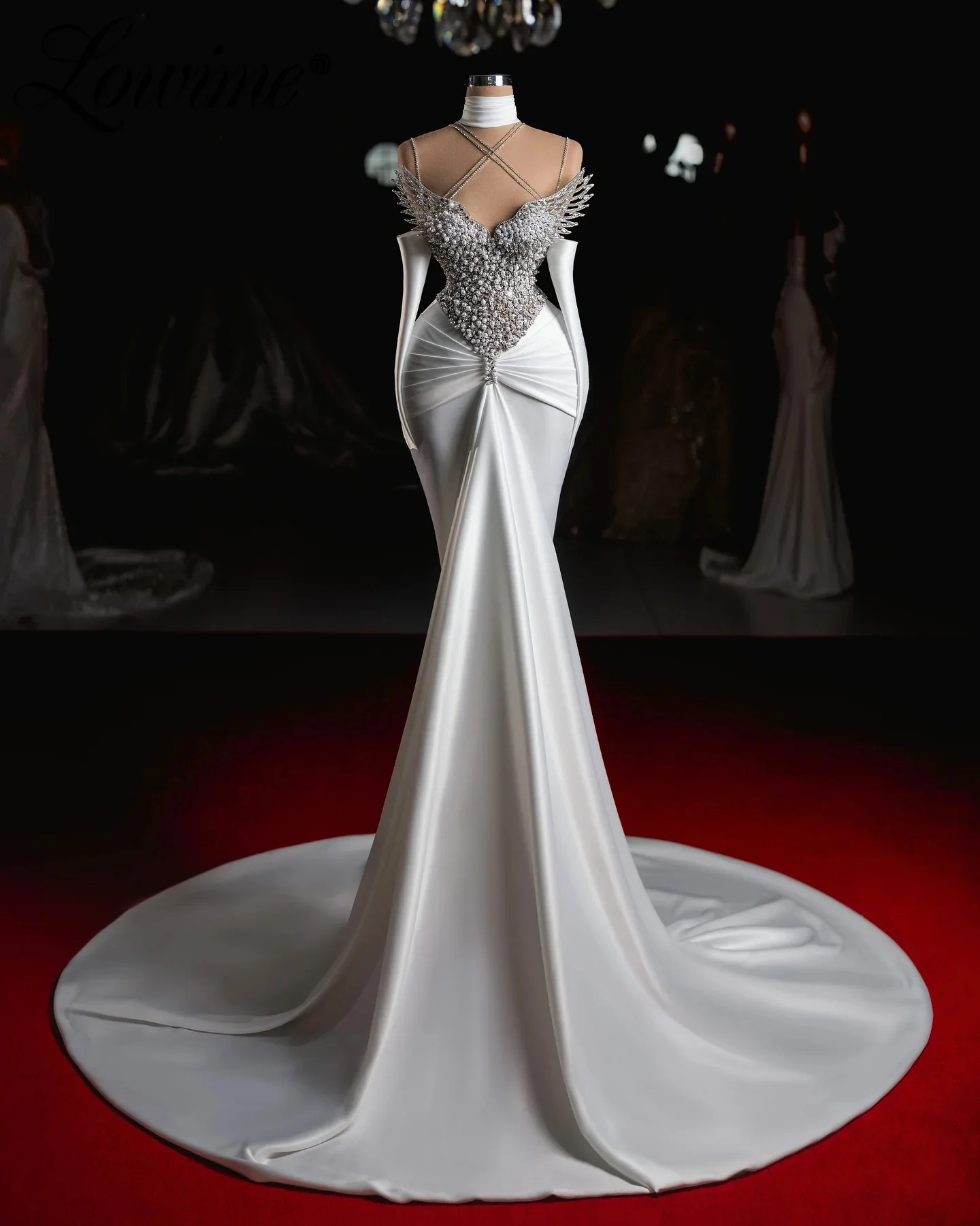 Vintage Pearls Wedding Dress Sleeveless Sequins Long Sleeve Bridal Dress Customized Beaded Sweep Train vestidos de novia