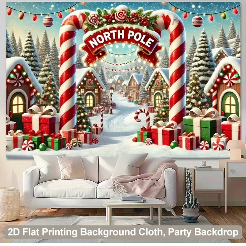 North Pole Christmas Tapestry, Snowy Village with Candy Cane Arches and Gift Boxes,Festive Wall Hanging for Indoor Holiday Decor