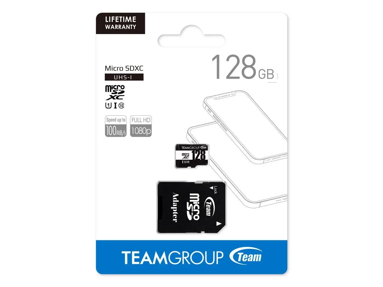 Team 128GB microSDHC UHS-I/U1 Class 10 Memory Card with Adapter, Speed Up to 100MB/s (TUSDX128GCL10U03)