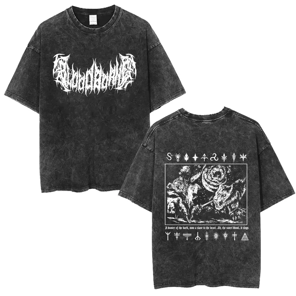 Game Bloodborne Fear The Old Blood Washed Vintage T-shirt Men Women Gothic Oversized T Shirts Male High Quality Cotton T-shirts