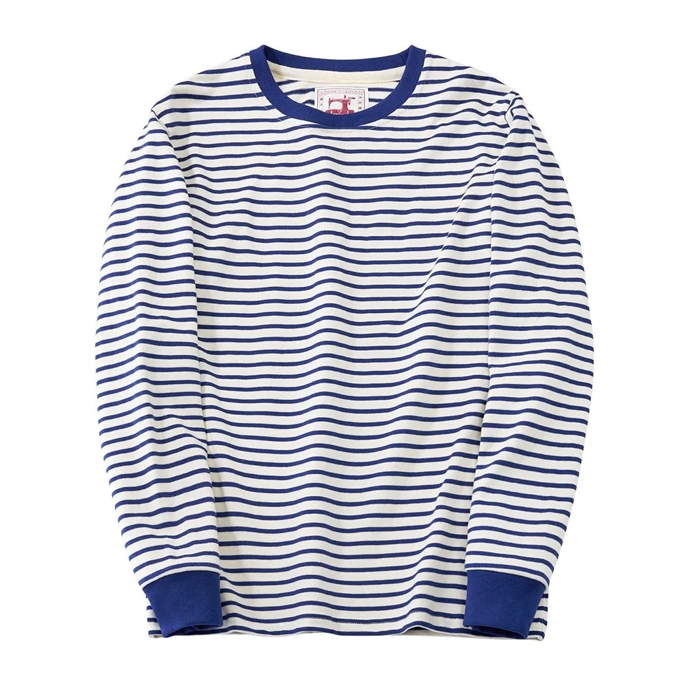 Winter New Blue White Striped Long Sleeve T Shirt Men Japanese Retro Heavy Weight Cotton Casual Tops