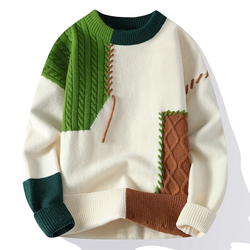 

Autumn Winter Warm Mens Sweaters Fashion Patchwork Pullovers New Korean Streetwear Pullover Casual Men Clothing Pull Homme