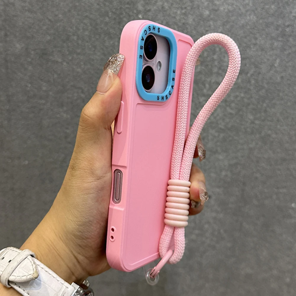 Luxury Wrist Strap Bracelet Lanyard Phone Case For iPhone 15 16 Pro Max 14 13 12 11 X XR XS Collision Color Lens Protector Cover image 2