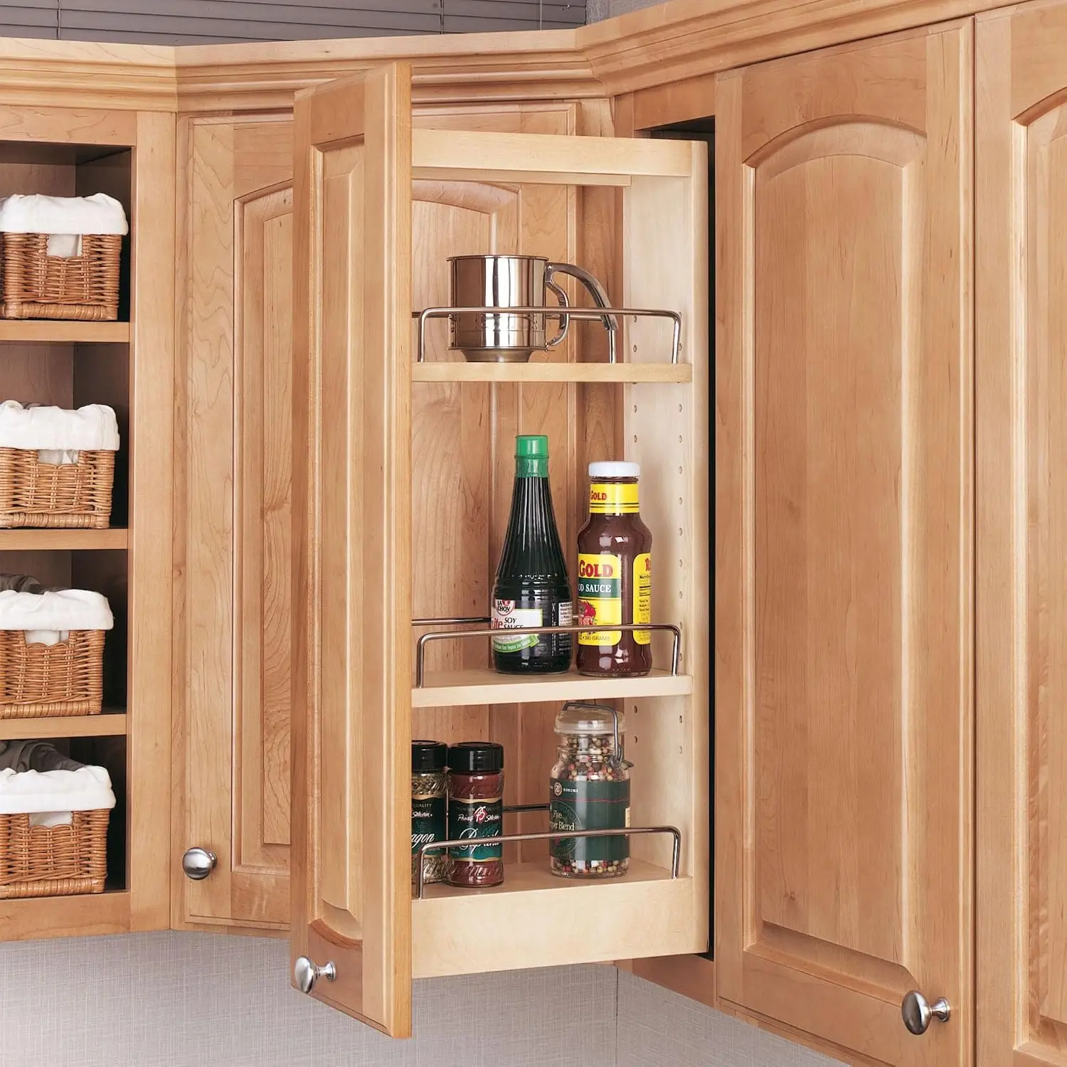Pull‑Out Maple Wood Kitchen Cabinet Organizer with Full‑Extension Slides and Adjustable Shelves, Minimum 5.5 Inch Opening for Wall Cabinets