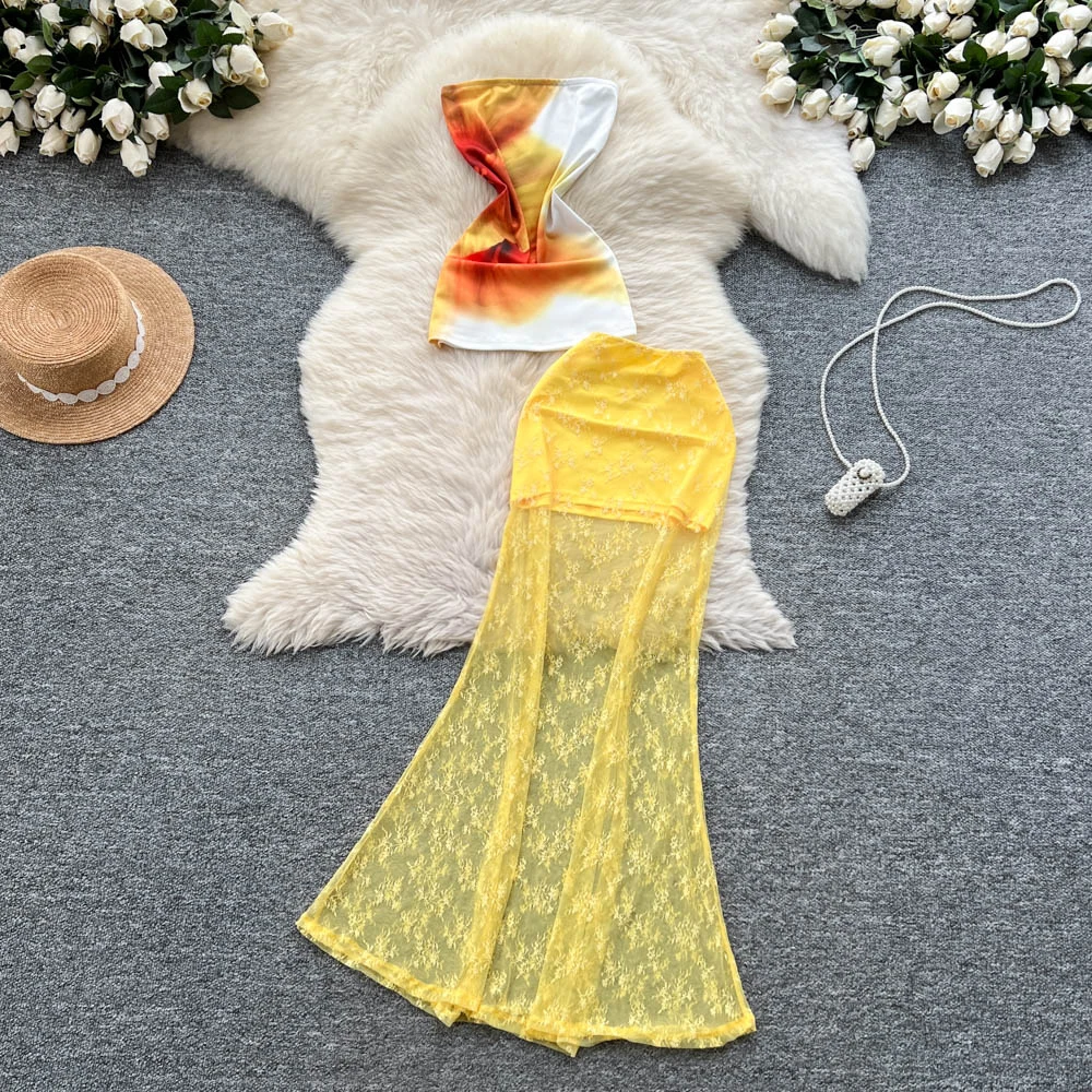 

Sexy off shoulder sleeveless print lace Vintage korean fashion Evening pencil dress Beach dresses Two Piece Set