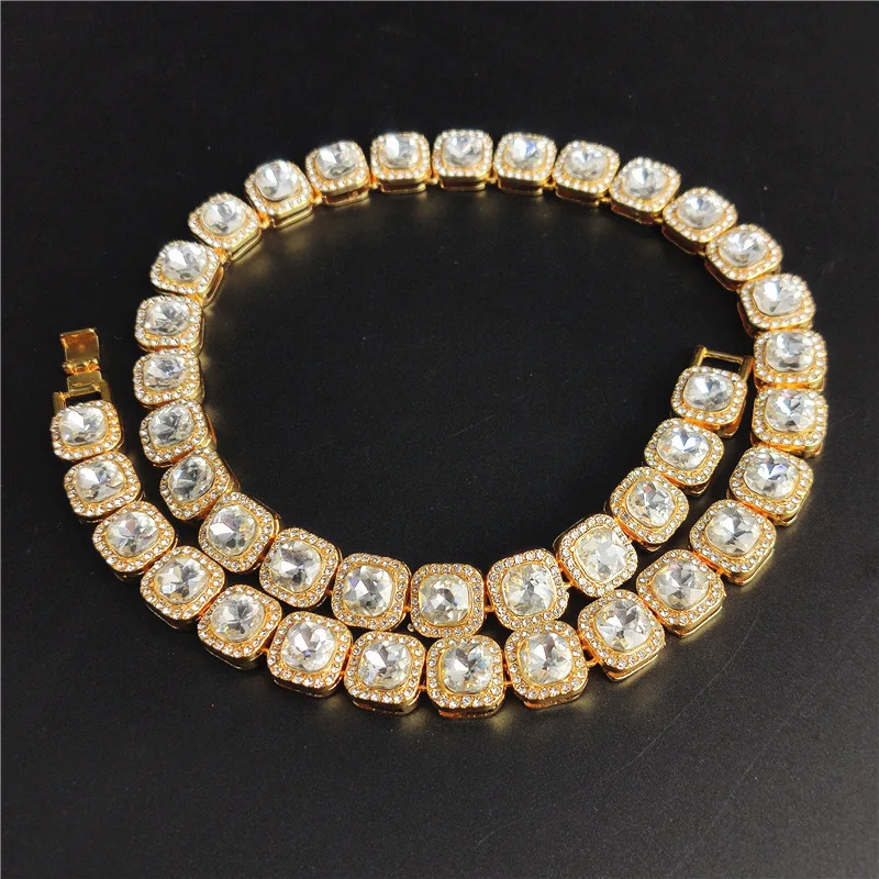 Ladies Men's Hip Hop Diamond Sparkle Necklace 12mm Wide Square Diamond Cuban Chain Cold Diamond Fashion Trend Accessories