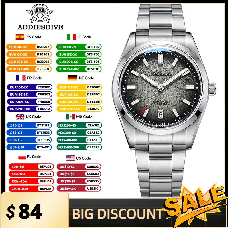 

ADDIESDIVE New AD2091 Automatic Watches For Men Luxury Domed BGW9 Luminous Dress Watch 100M Waterproof NH35 Mechanical Watch