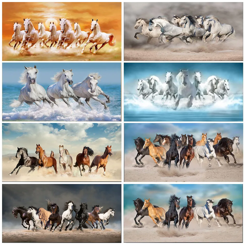 

Nordic style 7 running white horses Modern moon landscape 5D DIY Diamond painted cross stitch Mosaic home decoration WE234