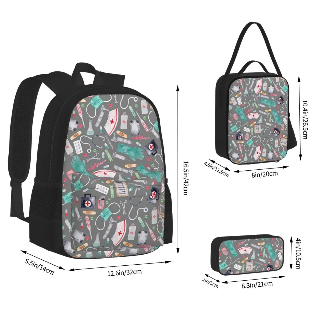 Medical Pattern Doctor Nurse Watercolor Grey Texture Backpacks Bookbag School Bags Rucksack Lunch Bag Pen Bag Three-Piece Set