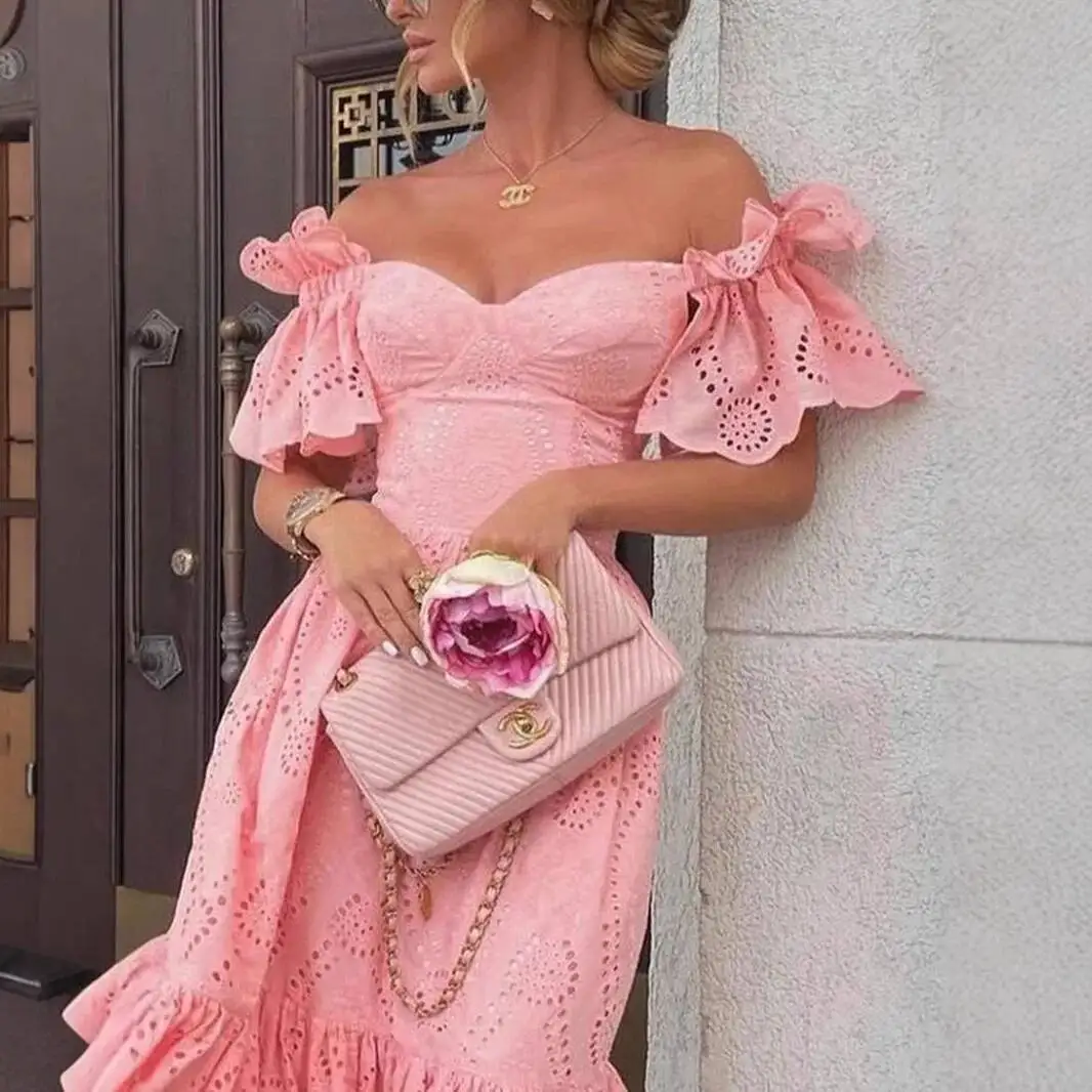 

Elegant Pink Midi Dress Flat Shoulder Waist Tight Party Dress Sweet Young Sexy Strapless Short Sleeve Hollow Dot A-Line Dress