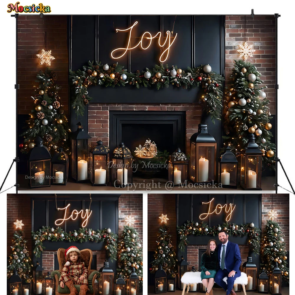 

Joy Christmas Background Photography Retro Brick Fireplace Black Wall Xmas Tree Lantern Backdrop Warm Room Family Photo Studio