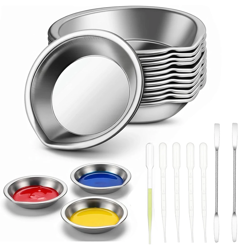 8Pcs Stainless Steel Small Round Paint Tray, 2Pcs Metal Paint Stirrer and 5Pcs 3ml Pipette Eyedroppers Watercolor Palette