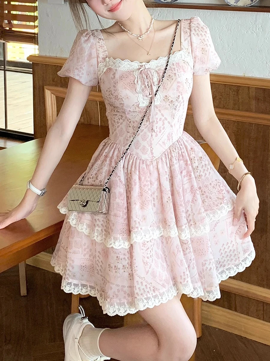 달콤한 꽃무늬 레이스 트림 네트 스커트, 허리 조임 슬림 핑크 케이크 스커트, 여성 여름 A라인 프린세스 스커트