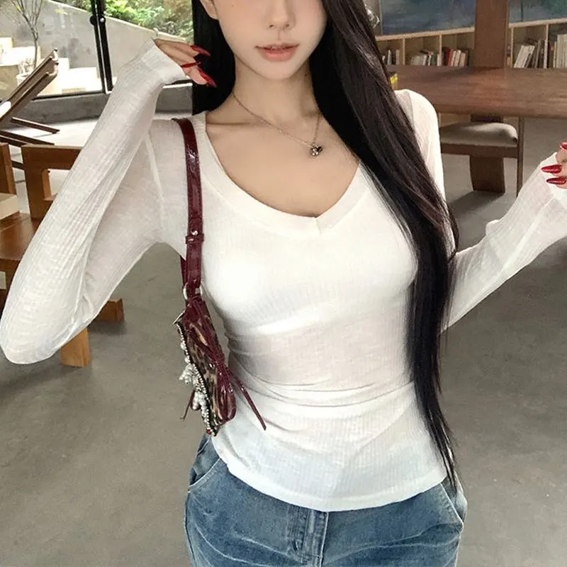 الملابس النسائية Hotsweet سليم تي شيرت الأساسية بلون الخريف عادية الخامس الرقبة خمر كم طويل البلوفرات الكورية العصرية #4