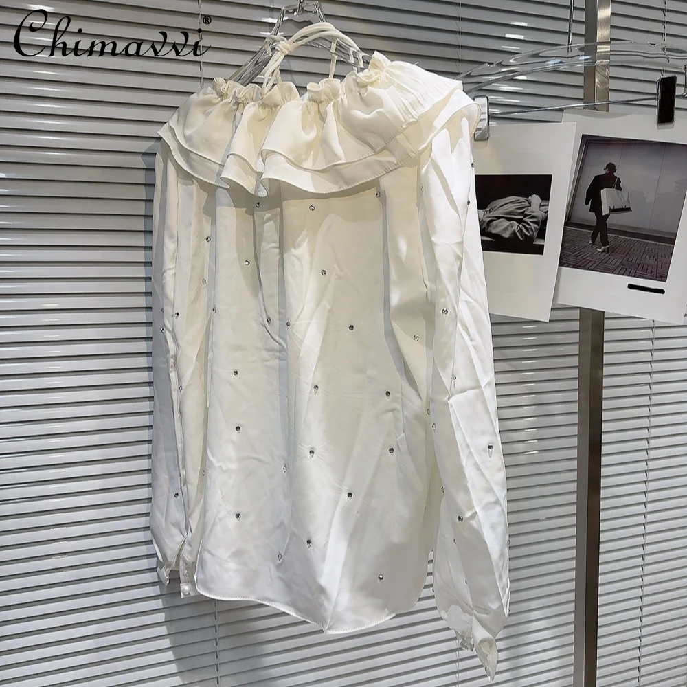 2024 Summer New French Fashion Pleated Ruffled Collar Solid Color Shirt Women's Loose Long Sleeve Shirt Blusas De Mujer