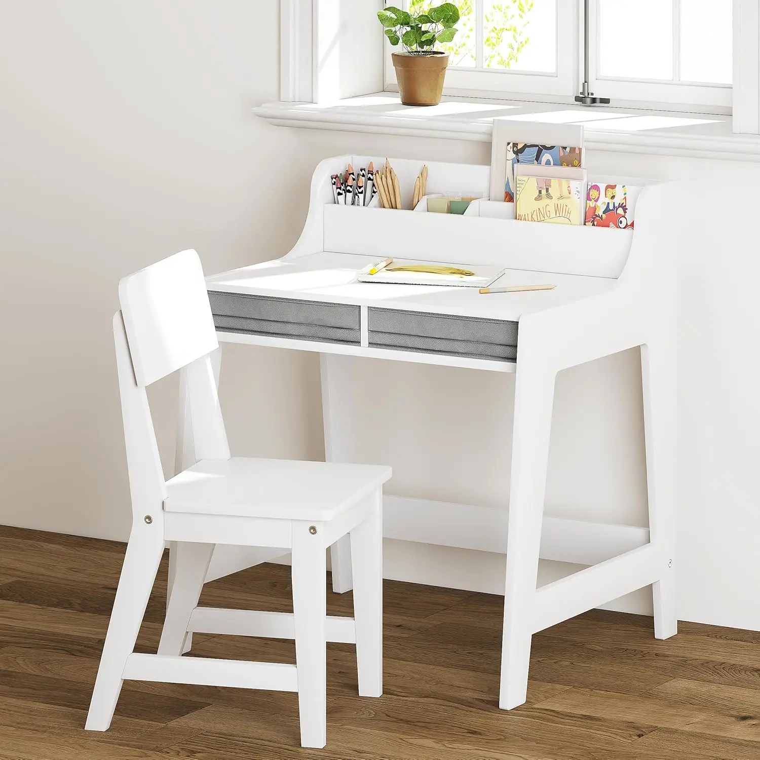 

Children's desk and chair set, children's desk with storage box, wooden children's desk