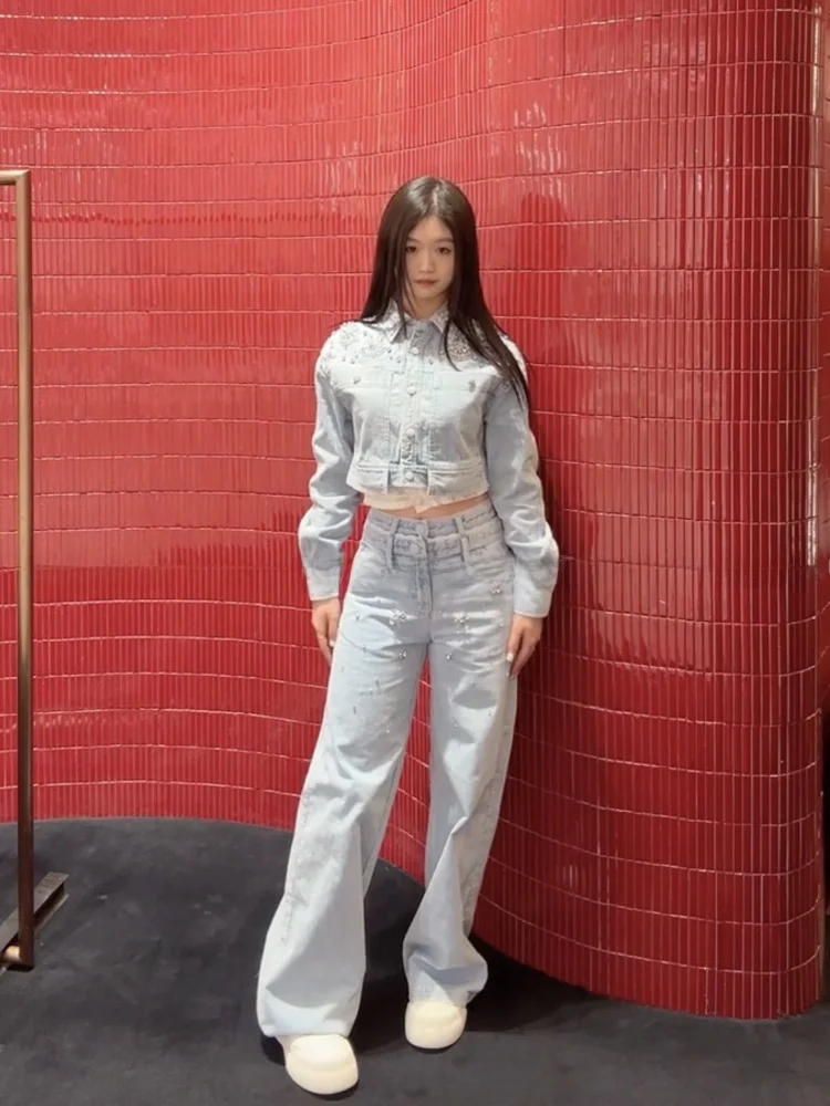 

Элитный женский модный комплект: джинсовая куртка с богатой отделкой и брюки с высокой талией, свободные широкие штанины, из полиэфирного волокна, длинный рукав