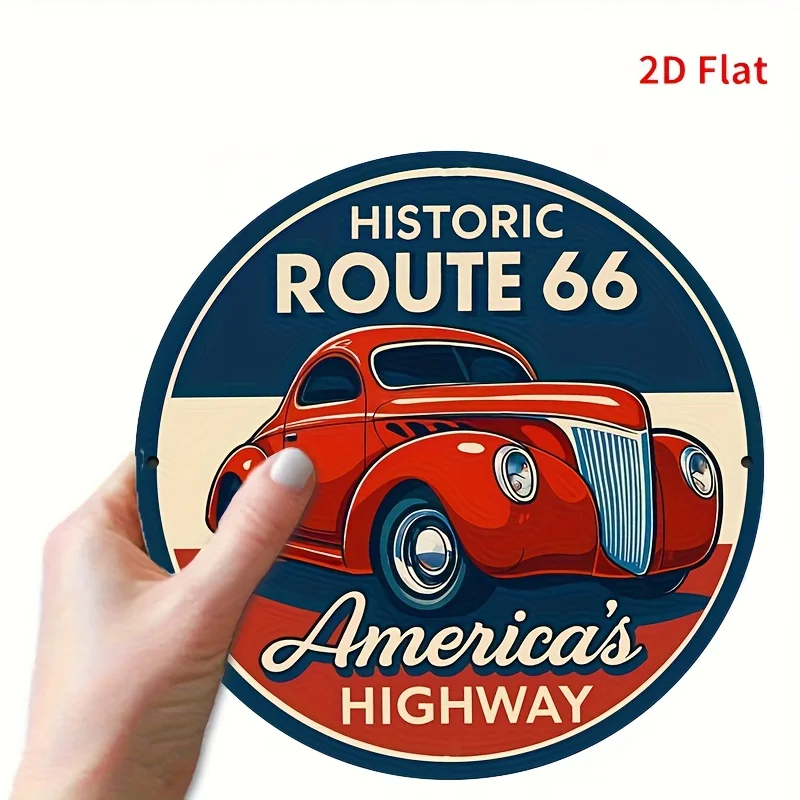 [2D Flat] 1pc Vintage Route 66 Metal Sign - Retro Americana Garage Decor with Classic Red Car - Heavy-Duty Aluminum Tin Poster