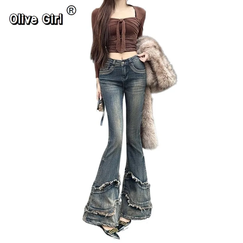 Olivegirl Women's Jeans Denim Hot Sexy High Waisted Pants Trousers Flared 2026 Autumn Casual Slim Horseshoe Pants Clothing