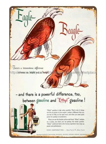 1950 Ad Gasoline Ethyl New York Eagle Beagle Petroleum Oil metal tin sign