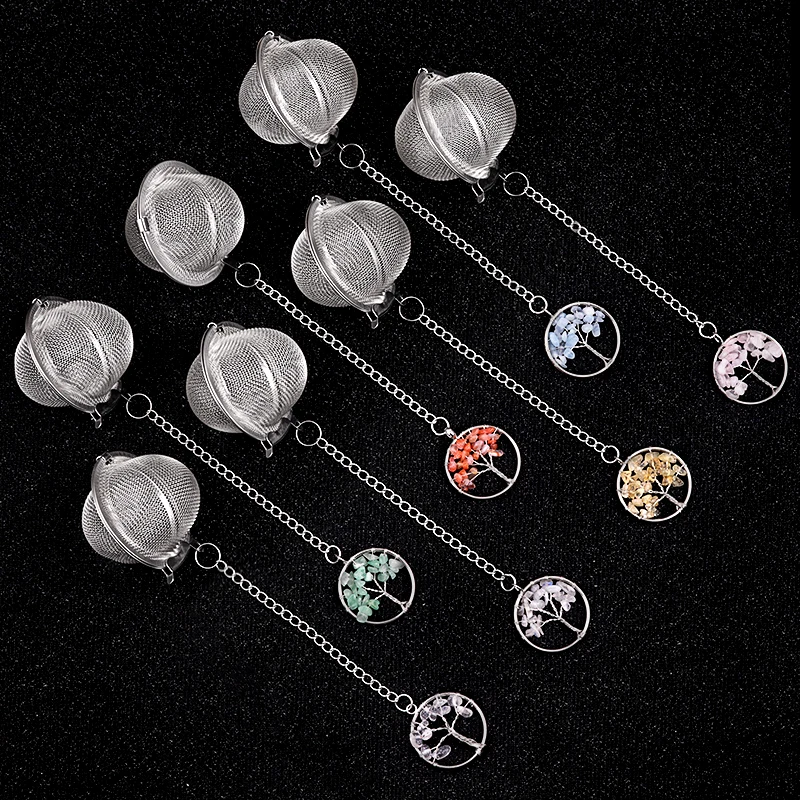 4PCS Tree of Life Shape Natural Crystal Stone Stainless Steel Tea Infuser Mesh Filter Chain Tea Strainer Teapot Spice Seasoning