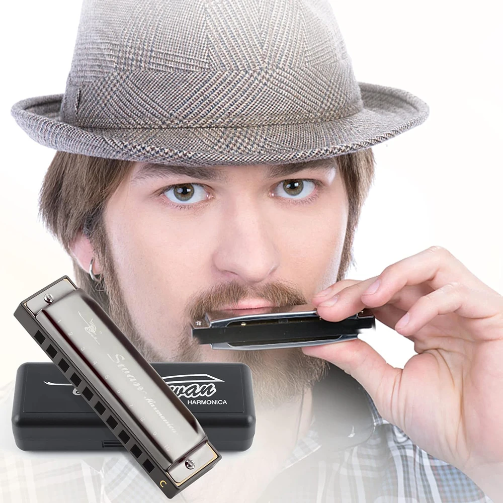 Harmonica Key of C 10 Hole Polyphony Diatonic Harp with Case for Blues Folk Pop for Music Student Teacher Teaching Beginner